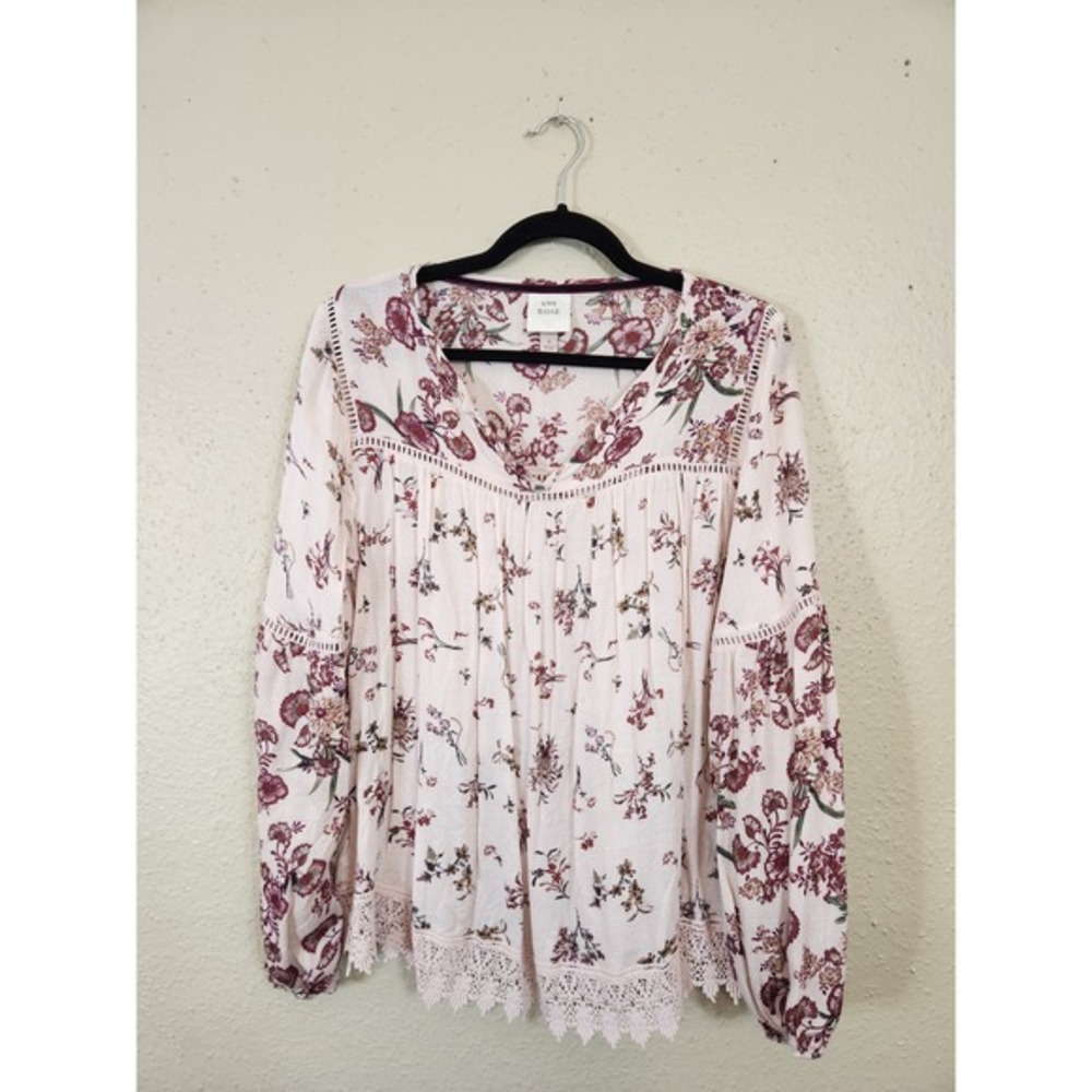 Knox Rose Pink Red Floral Blouse Long Sleeve Lace Trim Boho Cottagecore Size S